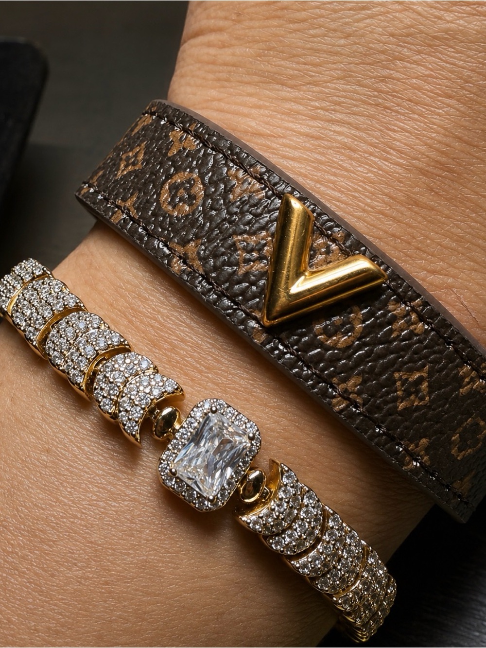 Brown  Bracelet with Gold Tone V Accent